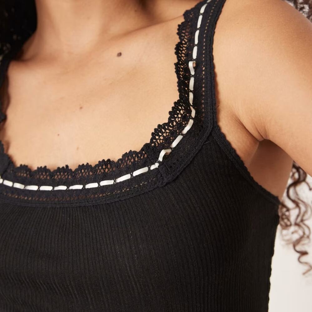 Free People Intimately FP NWT Only You Ribbed Lace Trim Black Tank Top XS
